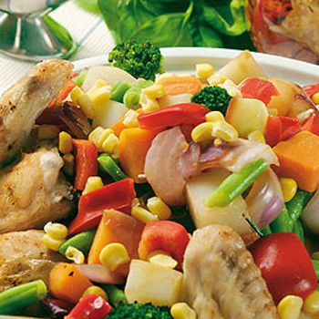 Braised chicken with vegetables in a rural