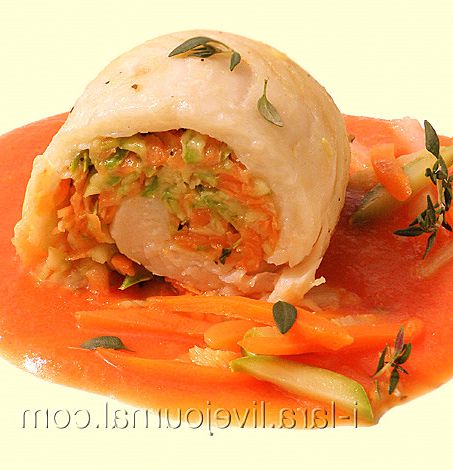 Rolls of sole stuffed with vegetables