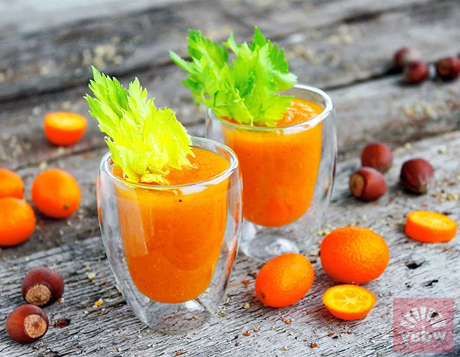 Pumpkin-walnut smoothie with kumquat and celery