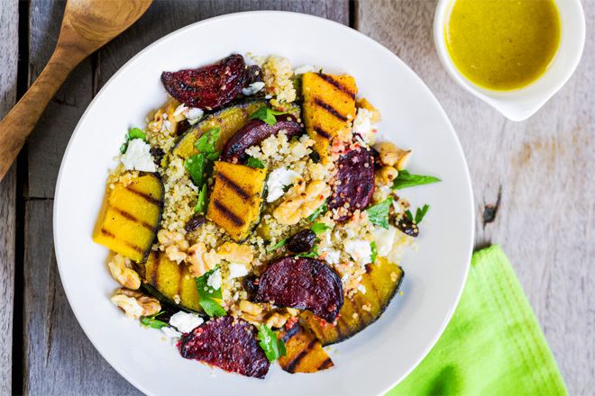 Salad with warm rabbit and a pumpkin