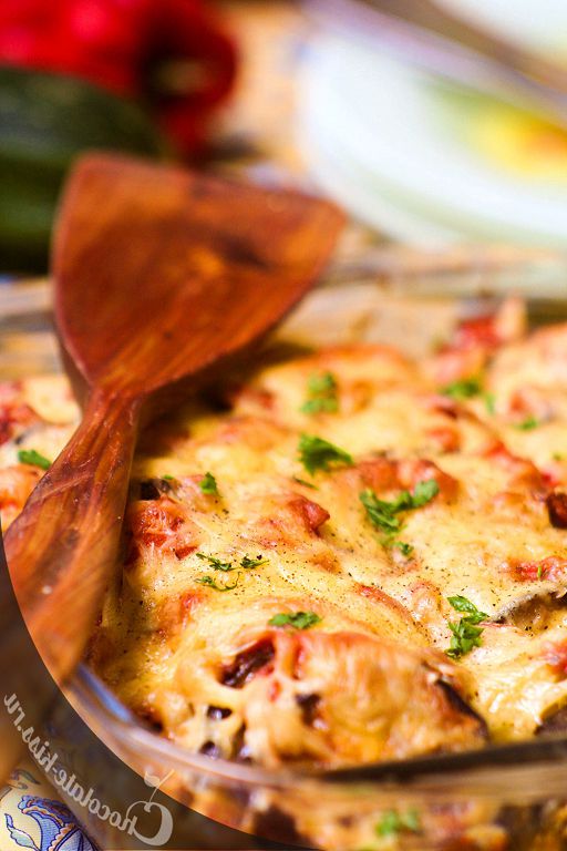 Potato casserole with eggplant and tomato sauce