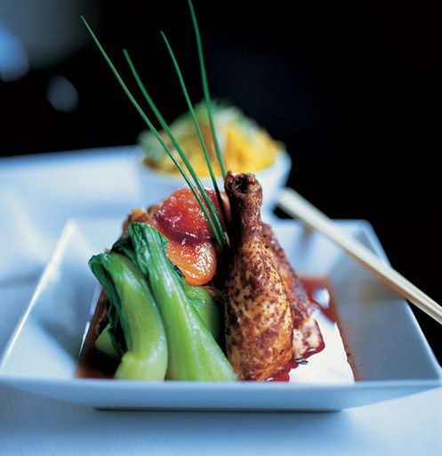 Crispy chicken in plum sauce with Chinese salt