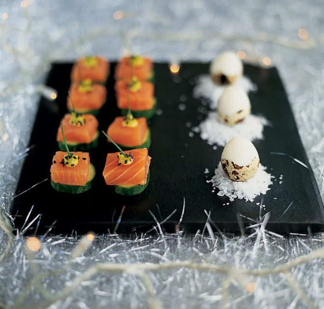 Canape of salmon with cucumber