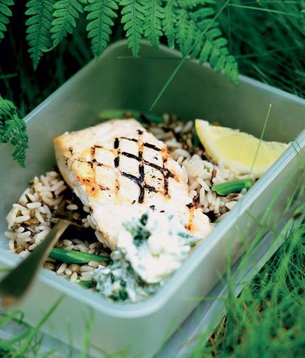 Salmon with herbs, lentils and rice