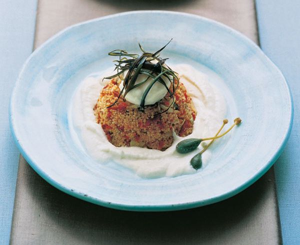 Couscous with sauce and mozzarella chips of eggplant