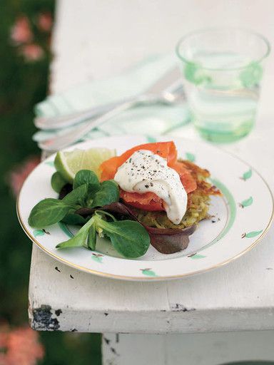 Smoked trout on potato cake with chives, sour cream and horseradish