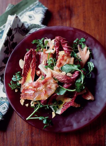 Trout with fried ham, pancetta and red chicory