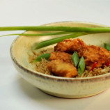 Cod in batter with rice in Asian style